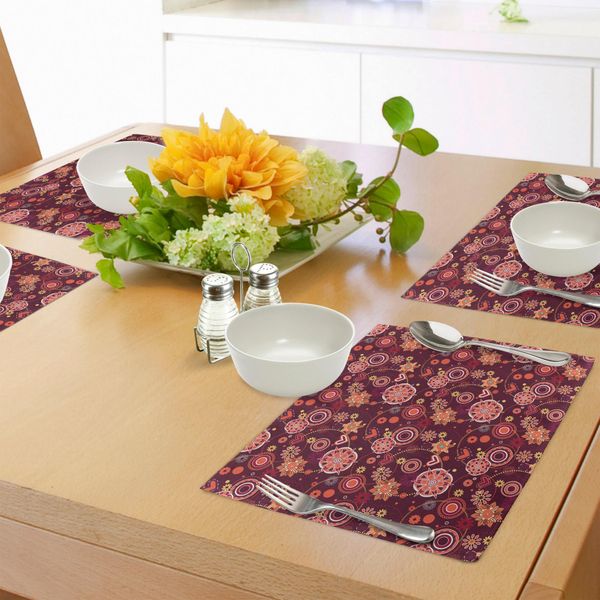 Abakuhaus Tovagliette Rosse E Marroni, Motivo Decorativo Con Foglie Ricche Di Uva, Fiori Primaverili E Cerchi, Tiscjdeco In Tessuto Resistente Al Lavaggio Per La Sala Da Pranzo E La Cucina, Arancione Marrone Giallo-image