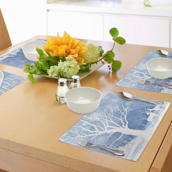 Tovagliette Invernali Abakuhaus, Immagini Astratte Invernali Con Cervi Nella Neve E Altri Animali A Tema Stagionale, Decorazioni Da Tavola In Tessuto Resistente Ai Colori Per La Sala Da Pranzo E La Cucina, Bianco E Blu-image