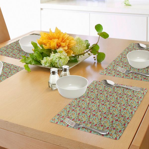 Tovagliette Abakuhaus Con Gufi, Grazioso Motivo Stilizzato Ispirato All'infanzia Con Uccellini Nostalgici E Vintage, Tiscjdeco In Tessuto Resistente Ai Colori Per La Sala Da Pranzo E La Cucina, Multicolore-image