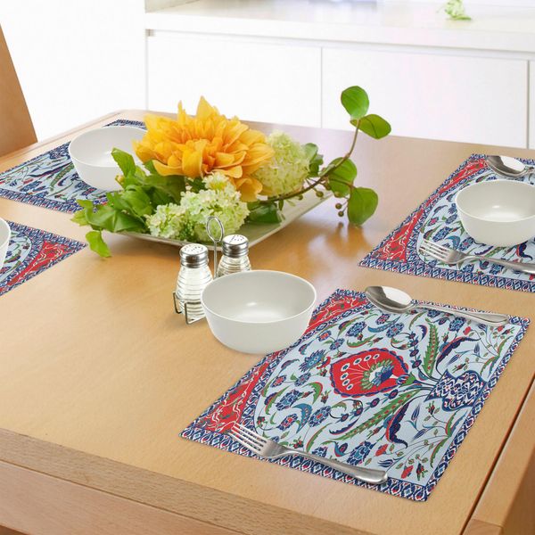 Abakuhaus Tovagliette Con Motivi Turchi, Motivi Floreali Naturali Da Istanbul Pianta Astratta In Un Vaso, Tessuto Lavabile Per Decorazioni Da Tavola Per Sala Da Pranzo E Cucina Stampa Digitale, Rosso Scarlatto E Verde-image