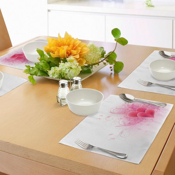 Abakuhaus Tovagliette Romantiche, San Valentino A Tema Cuori Con Composizione Floreale Illustrazione Romantica Amour, Tiscjdeco In Tessuto Resistente Al Lavaggio Per La Sala Da Pranzo E La Cucina, Bianco Rosa-image