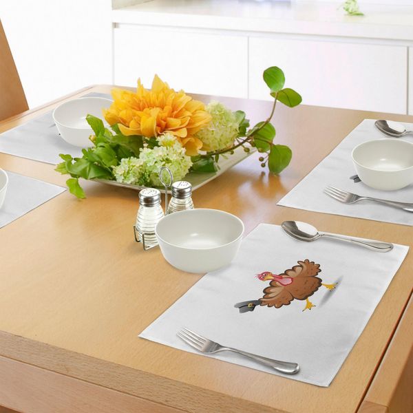 Tovagliette Abakuhaus Con Tacchino, Cartone Animato Con Animali Danzanti Con Cappello Da Pellegrino, Cena Del Ringraziamento Con Personaggi Divertenti, Decorazioni Per La Tavola In Tessuto Resistente Ai Colori Per La Sala Da Pranzo E La Cucina, Multicolore-image