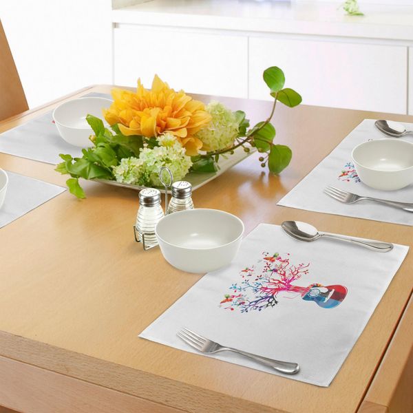Tovagliette Abakuhaus Con Chitarra, Composizione Musicale Colorata Con Chitarra, Albero E Farfalle, Ispirazione Artistica, Tiscjdeco In Tessuto Resistente Al Colore Per La Sala Da Pranzo E La Cucina, Multicolore-image