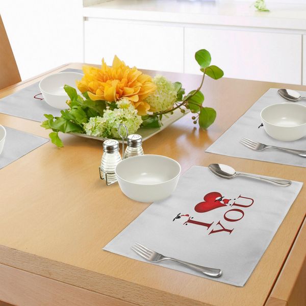 Abakuhaus Tovagliette "Ti Amo"", Illustrazione In Stile Fumetto Grande Cuore Rosso Con Testo E Una Coppia Di Pecore, Decorazione Da Tavola In Tessuto Resistente Al Lavaggio Per La Sala Da Pranzo E La Cucina, Bianco E Rosso"-image