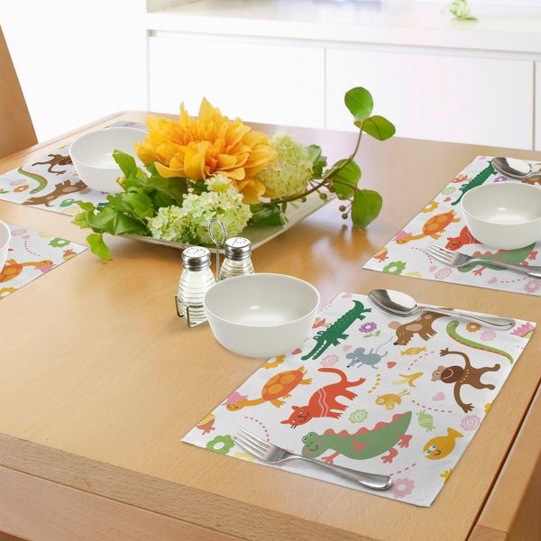 Abakuhaus "Tovagliette Per Bambini, Simpatici Animali Caricaturali, Fiori Colorati E Cuori Per Neonati E Bambini, Decorazioni Per La Tavola In Tessuto Resistente Al Lavaggio Per La Sala Da Pranzo E La Cucina, Multicolore"-image