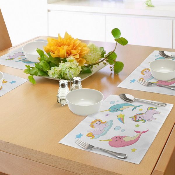 Abakuhaus Tovagliette Narwal, Unicorni Arcobaleno Della Terra E Dell'oceano Illustrazioni Femminili - Caricature Colorate, Tiscjdeco In Tessuto Resistente Ai Colori Per La Sala Da Pranzo E La Cucina, Multicolore-image