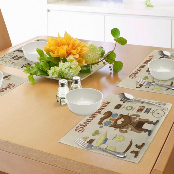 Tovagliette Abakuhaus Steampunk, Personaggi Maschili In Stile Cartone Animato Ed Elementi Meccanici Vintage Hipster Gentleman, Tiscjdeco In Tessuto Resistente Ai Colori Per La Sala Da Pranzo E La Cucina, Multicolore-image