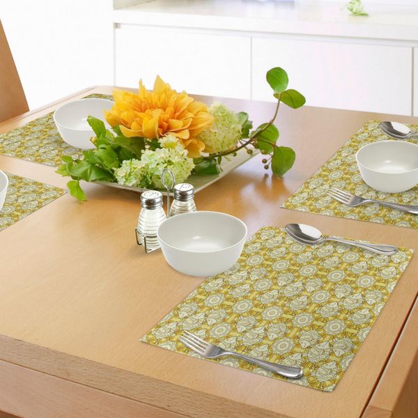 Abakuhaus Tovagliette Gialle E Bianche, Acquario Con Pesci A Strisce Su Sfondo Floreale, Tiscjdeco In Tessuto Resistente Al Lavaggio Per Sala Da Pranzo E Cucina, Calendula Giallo Beige-image