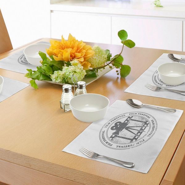 Tovagliette Da Cinema Abakuhaus, Timbro Grungy Rotondo Con Silhouette Di Una Vecchia Cinepresa, Tovaglietta Decorativa In Tessuto Resistente Ai Colori Per La Sala Da Pranzo E La Cucina, Bianco Grigio-image