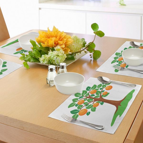 Abakuhaus Tovagliette Verdi E Arancioni, Illustrazione In Stile Caricaturale Di Un Albero Di Arance Fresco Che Cresce In Natura, Tiscjdeco In Tessuto Resistente Al Lavaggio Per La Sala Da Pranzo E La Cucina, Verde Felce Arancione Marrone-image