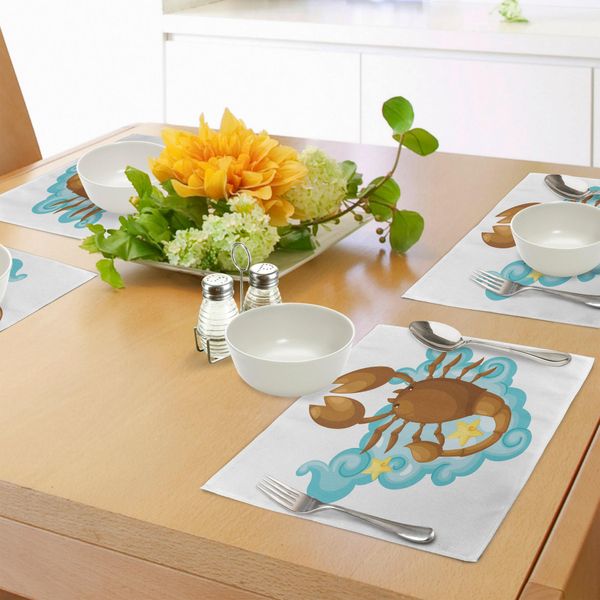 Abakuhaus Tovagliette Con Segno Zodiacale Scorpione, Disegno Caricaturale Dell'oroscopo Per Bambini Nuvole E Stelle, Tiscjdeco In Tessuto Resistente Al Lavaggio Per La Sala Da Pranzo E La Cucina, Marrone Chiaro, Azzurro, Giallo-image