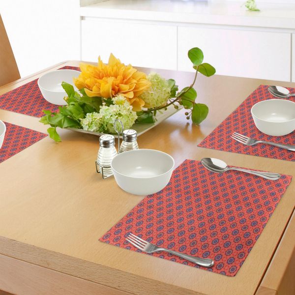 Tovagliette Tribali Abakuhaus, Composizione Ornamentale Di Fiori Con Elementi Etnici Motivi Orientali Senza Tempo, Tiscjdeco In Tessuto Resistente Al Lavaggio Per La Sala Da Pranzo E La Cucina, Multicolore-image