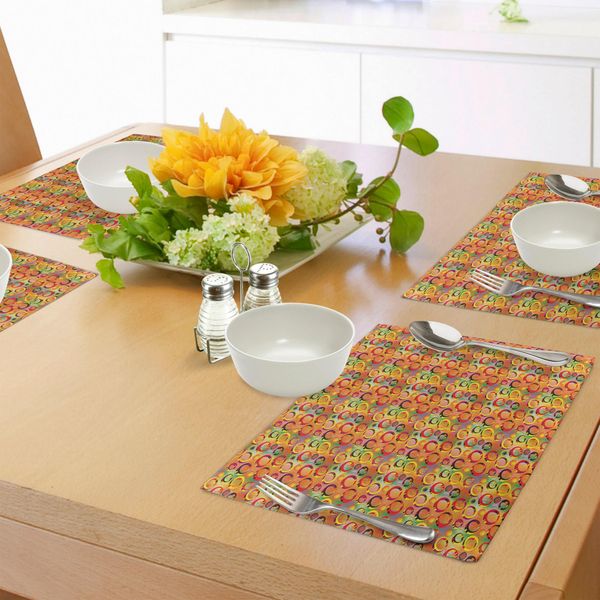 Abakuhaus Tovagliette Colorate, Motivo Con Forme Ad Anello Colorate In 3D Su Sfondo Arcobaleno A Strisce Sporche, Tiscjdeco In Tessuto Resistente Al Lavaggio Per La Sala Da Pranzo E La Cucina, Multicolore-image