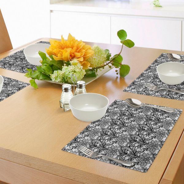 Tovagliette Abakuhaus, Decorazione Grafica In Stile Pizzo In Bianco E Nero Con Motivo Vintage E Tocco Gotico, Tiscjdeco In Tessuto Resistente Al Lavaggio Per Sala Da Pranzo E Cucina, Bianco E Nero-image