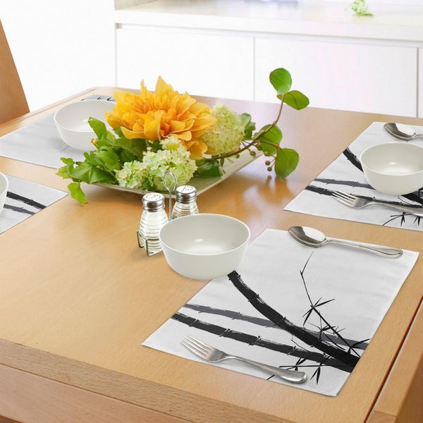 Abakuhaus Tovagliette Esotiche, Feng Shui Acquerello Giapponese Inchiostro Asiatico Arte Boho Rami Di Bambù, Tiscjdeco In Tessuto Resistente Al Colore Per La Sala Da Pranzo E La Cucina, Grigio Antracite Bianco Nero-image