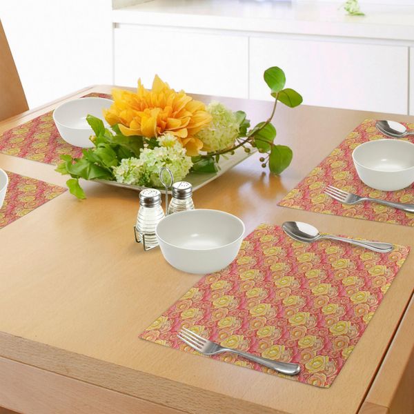 Abakuhaus Tovagliette Rosa Pallido, Romantiche Illustrazioni Di Rose In Giardino Ispirate Alla Natura, Tema San Valentino, Decorazioni Da Tavola In Tessuto Resistente Ai Colori Per La Sala Da Pranzo E La Cucina, Giallo, Corallo, Rosa-image