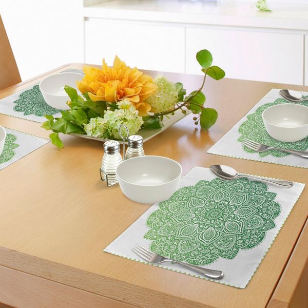 Tovagliette Abakuhaus Mandala, Composizione Floreale Decorativa Con Spirali, Stelle E Petali Di Fiori, Decorazioni Da Tavola In Tessuto Resistente Al Lavaggio Per La Sala Da Pranzo E La Cucina, Verde Mela E Bianco-image