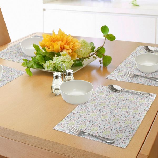 Abakuhaus Tovagliette Colorate, Composizione Acquerellata In Tonalità Pastello Con Funghi E Fiori Selvatici, Design Punteggiato, Tiscjdeco In Tessuto Resistente Al Lavaggio Per La Sala Da Pranzo E La Cucina, Multicolore-image