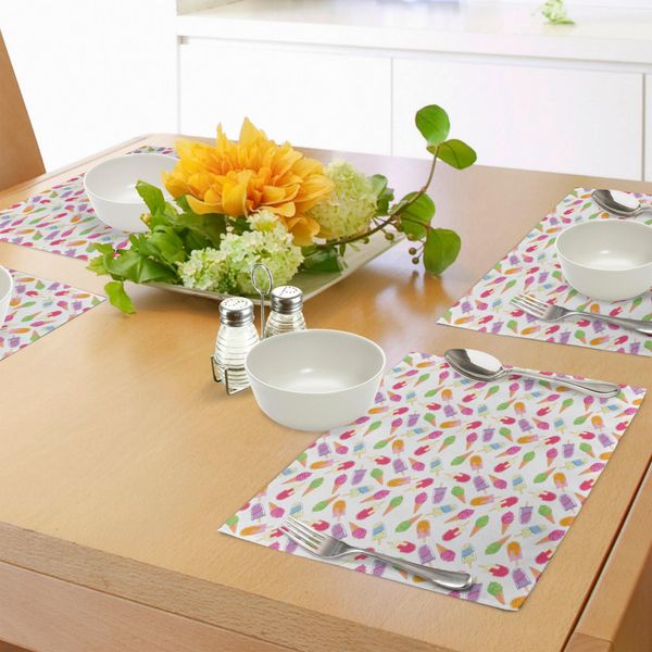 Tovagliette Abakuhaus Eis, Coni In Stile Caricaturale Con Vibranti Palline Colorate E Gelati Su Stecco, Tiscjdeco In Tessuto Resistente Ai Colori Per La Sala Da Pranzo E La Cucina, Multicolore-image