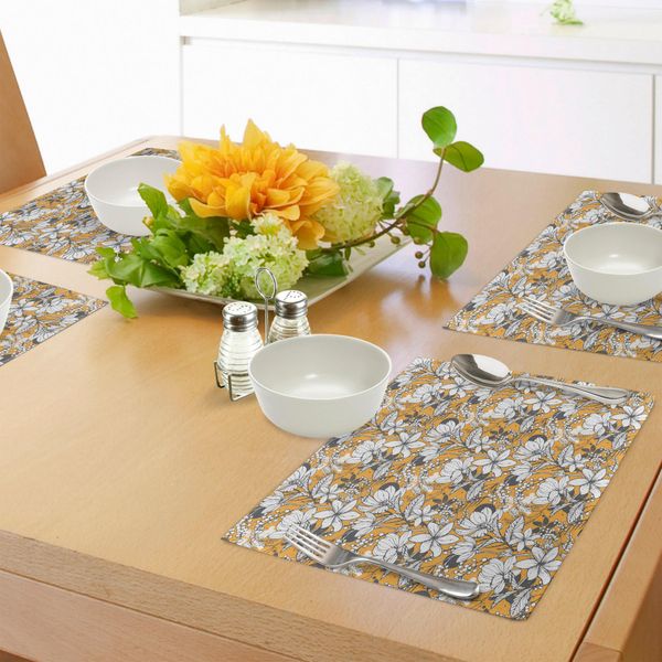Tovagliette Abakuhaus Con Motivi Floreali, Ibisco, Piante Esotiche, Isole Tropicali E Accenti Marini, Tiscjdeco In Tessuto Resistente Al Lavaggio Per La Sala Da Pranzo E La Cucina, Grigio Antracite E Calendula Bianca.-image