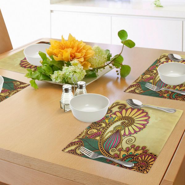 Tovagliette Abakuhaus Con Motivi Floreali, Sfondo Effetto Grunge Consumato Con Fiori Colorati E Foglie, Stampa Digitale Su Tessuto Lavabile, Decorazione Per La Tavola, Cucina, Multicolore-image