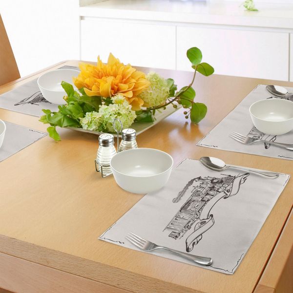 Abakuhaus Tovagliette Vintage, Locomotiva A Vapore Old School Con Bandiera Su Sfondo Bianco Monocromatico, Tiscjdeco In Tessuto Resistente Al Lavaggio Per La Sala Da Pranzo E La Cucina, Nero E Crema-image