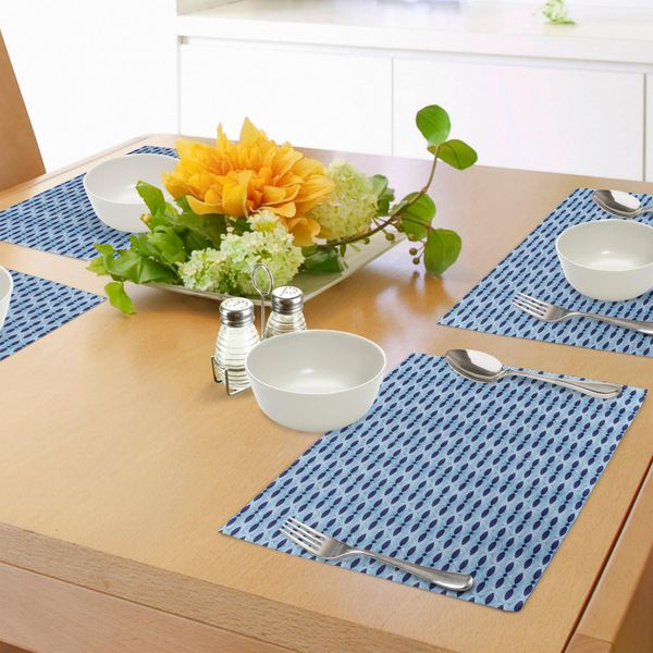 Tovagliette Abakuhaus Con Motivi Di Pesci, Sagome Di Animali Sottomarini Con Pinne Su Sfondo Geometrico Astratto, Tiscjdeco In Tessuto Resistente Al Lavaggio Per La Sala Da Pranzo E La Cucina, Azzurro E Blu Navy.-image