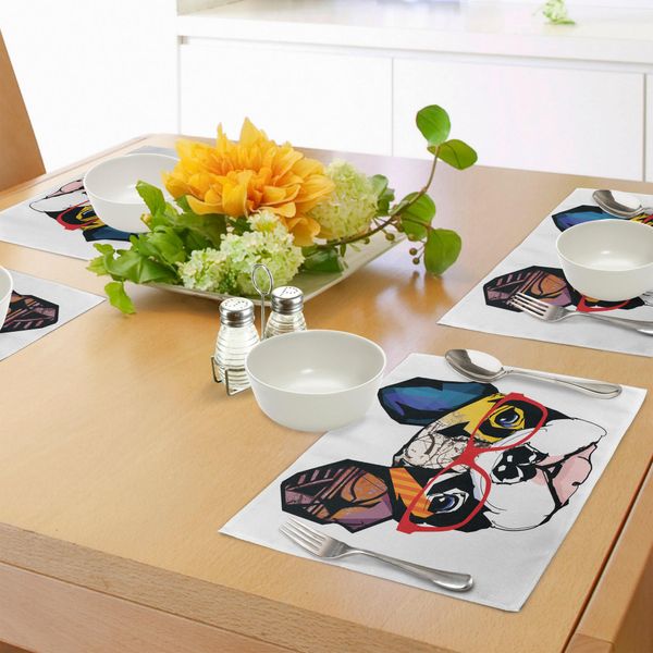 Tovagliette Abakuhaus Bulldog, Illustrazione Astratta Colorata Di Un Cane Con Occhiali In Stile Moderno, Tovaglietta Decorativa In Tessuto Resistente Ai Colori Per La Sala Da Pranzo E La Cucina, Multicolore-image