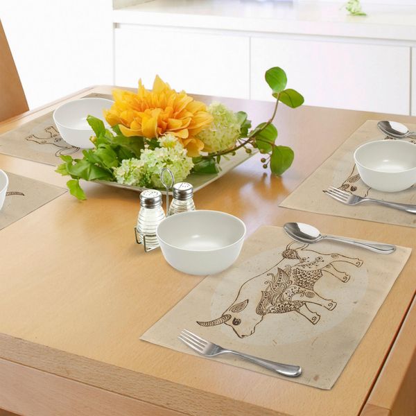 Abakuhaus Tovagliette Zodiaco Toro, Toro Disegnato A Mano Con Ornamenti Etnici Design Vintage Antico Tribale, Tiscjdeco In Tessuto Resistente Al Colore Per La Sala Da Pranzo E La Cucina, Marrone Sabbia E Marrone-image