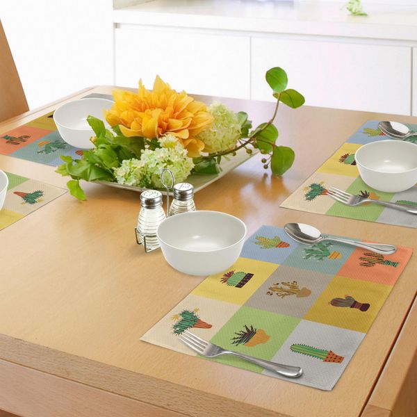Abakuhaus Tovagliette Vintage, Fiori Botanici Di Cactus In Vaso, Piante Grasse, Essenza Di Peyote, Motivo A Pois Tropicali, Tovagliette Decorative In Tessuto Resistente Al Lavaggio Per La Sala Da Pranzo E La Cucina, Multicolore-image