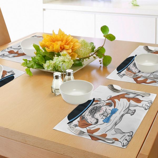 Abakuhaus Tovagliette Bulldog Inglese, Cane Hippie Di Razza Pura Con Cappello Da Vendemmia E Papillon Sketch Animal, Tiscjdeco In Tessuto Resistente Al Lavaggio Per La Sala Da Pranzo E La Cucina, Nero Marrone Blu-image