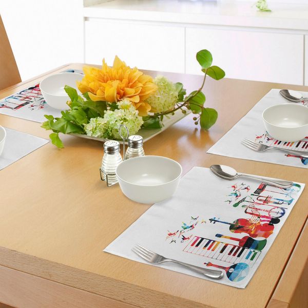 Tovagliette Abakuhaus, Strumenti Musicali Colorati: Tastiera, Chitarra, Banjo, Tromba, Violoncello E Uccelli In Volo, Tovagliette Decorative In Tessuto Resistente Ai Colori Per La Sala Da Pranzo E La Cucina, Multicolore-image