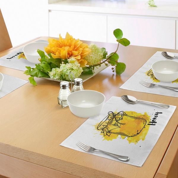 Tovagliette Abakuhaus Vintage Giallo, Vecchio Barattolo Di Miele Disegnato A Mano Con Inchiostro Su Sfondo Acquerellato, Sottobicchieri In Tessuto Lavabile Decorazione Da Tavola Con Stampa, Calendula E Nero-image