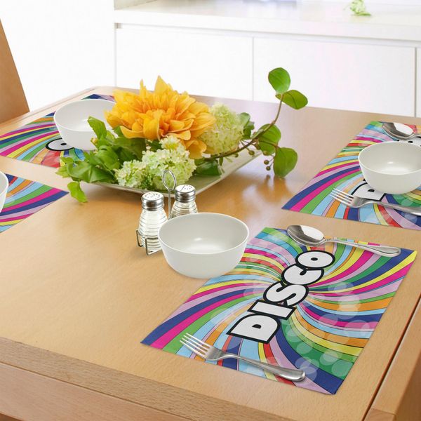 Abakuhaus Tovagliette Vintage Arcobaleno, Stile Disco Anni Ottanta Con Strisce Colorate Vorticose E Sinuose, Tovagliette Decorative In Tessuto Resistente Al Lavaggio Per La Sala Da Pranzo E La Cucina, Multicolore-image