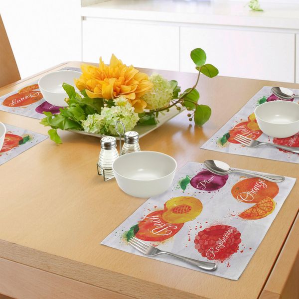 Tovagliette Abakuhaus Con Motivi Fruttati, Sfondo Acquerellato Con Schizzi Di Colore Pesca-Lampone-Prugna E Arancia, Tiscjdeco In Tessuto Resistente Al Lavaggio Per La Sala Da Pranzo E La Cucina, Multicolore-image