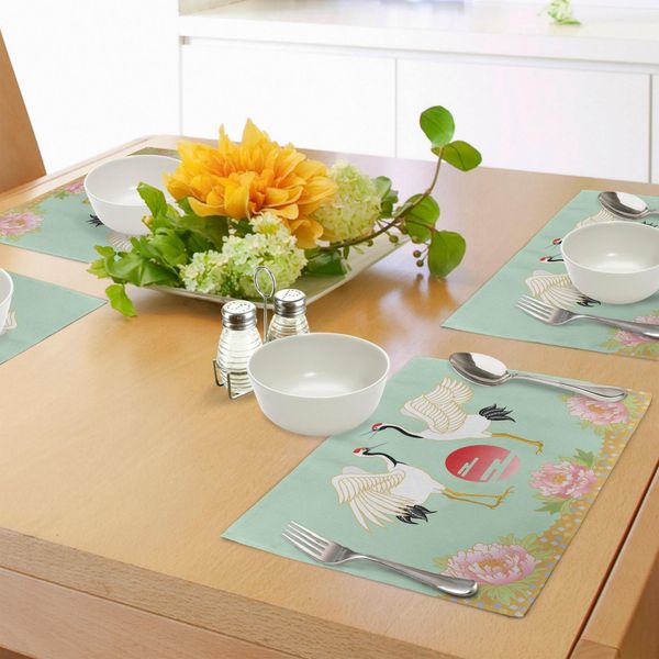 Tovagliette Abakuhaus, Gru Giapponesi Con Disegno Semplificato Dell'alba - Illustrazione Colorata Della Cultura Asiatica, Decorazione Da Tavola In Tessuto Resistente Al Lavaggio Per La Sala Da Pranzo E La Cucina, Multicolore-image