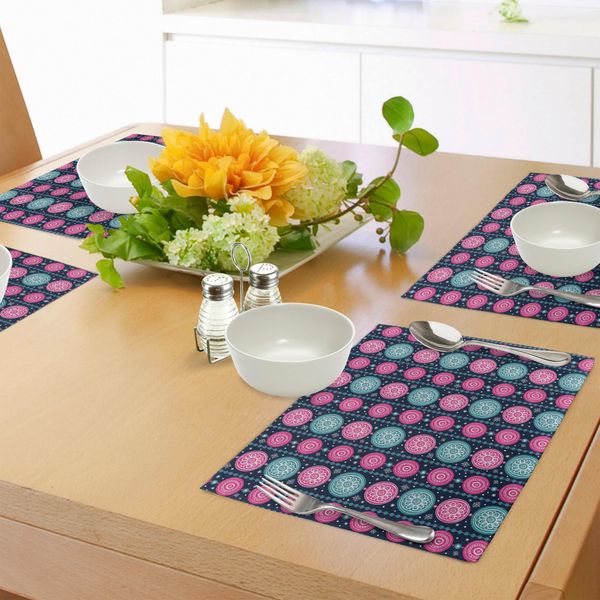 Abakuhaus Tovagliette Natalizie, Motivo Festivo Con Bordi Verticali Rosa E Cerchi Floreali Blu, Decorazioni Da Tavola In Tessuto Resistente Al Lavaggio Per Sala Da Pranzo E Cucina, Blu Scuro, Verde Acqua, Rosa-image