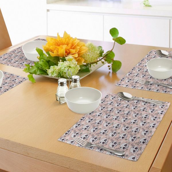 Tovagliette Abakuhaus Con Teschi, Halloween Tradizionale Messicano, Giorno Dei Morti, Motivo Popolare Horror Con Rose, Tiscjdeco In Tessuto Resistente Ai Colori Per La Sala Da Pranzo E La Cucina, Bianco Arrossire-image