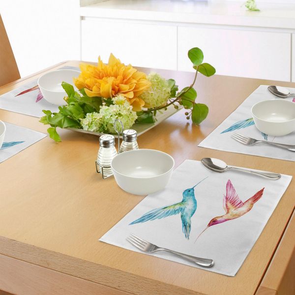 Tovagliette Abakuhaus Acquerello, Colibrì Colorati Con Effetto Pennellata, Design Con Animali Avicoli, Tiscjdeco In Tessuto Resistente Al Lavaggio Per Sala Da Pranzo E Cucina, Multicolore-image
