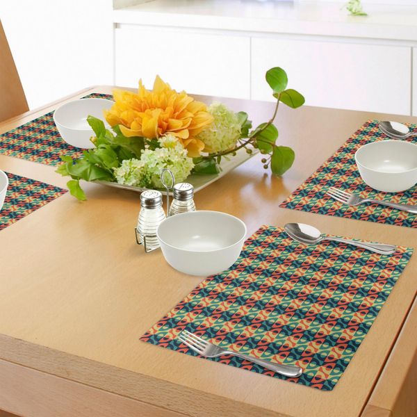 Abakuhaus Tovagliette Geometriche, Motivo A Quadrati Con Griglia A Scacchi E Forme Ovali, Ispirazioni Vintage, Tiscjdeco In Tessuto Resistente Al Lavaggio Per La Sala Da Pranzo E La Cucina, Multicolore-image