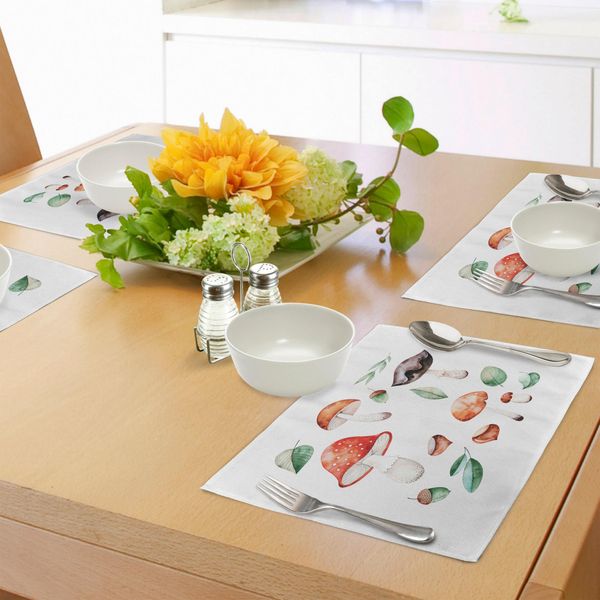 Tovagliette Abakuhaus Autunnali, Funghi E Castagne Autunnali Con Foglie Disegnate A Mano, Design Acquerellato, Tiscjdeco In Tessuto Resistente Al Lavaggio Per La Sala Da Pranzo E La Cucina, Multicolore-image