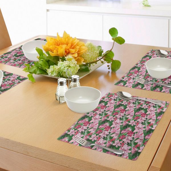 Tovagliette Abakuhaus Jungle, Rigogliosa Fioritura Dei Fiori Esotici Delle Isole Hawaii In Una Primavera Rosa All'ombra Del Paradiso, Stampa Digitale Su Tessuto Lavabile, Decorazione Da Tavola Per La Cucina, Multicolore-image