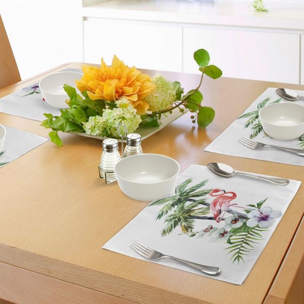 Tovagliette Abakuhaus Flamingo, Composizione Acquerellata Di Isole Esotiche, Foglie Di Foresta E Ibisco Primavera Alle Hawaii, Tiscjdeco In Tessuto Resistente Ai Colori Per La Sala Da Pranzo E La Cucina, Multicolore-image