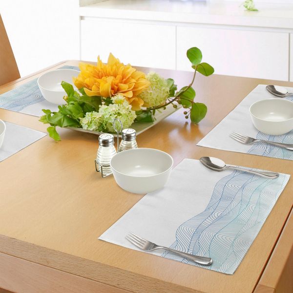 Abakuhaus Tovagliette Blu E Bianche, Ocean Seascape Abstraction Con Composizione Di Linee Ondulate Aquatic, Tiscjdeco In Tessuto Resistente Al Lavaggio Per La Sala Da Pranzo E La Cucina, Turchese, Bianco E Blu-image