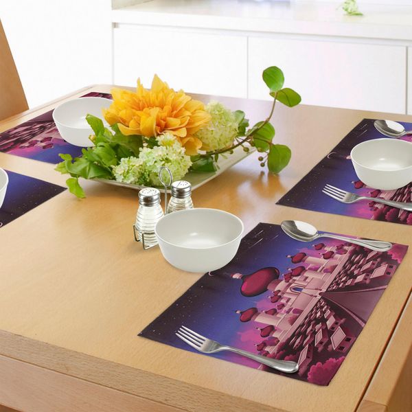 Tovagliette Fantasia Abakuhaus, Castello Arabo Di Notte, Illustrazione Orientale Con Paesaggio Da Fiaba, Tiscjdeco In Tessuto Resistente Ai Colori Per La Sala Da Pranzo E La Cucina, Magenta Indaco Rosa-image