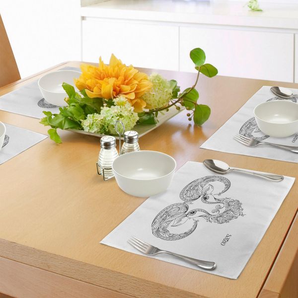 Abakuhaus Tovagliette Con Segno Zodiacale Ariete, Linea Arte Stile Simbolo Dell'oroscopo Tatuaggio All'henné Design Riccioli Floreali Spirali, Tiscjdeco In Tessuto Resistente Al Lavaggio Per La Sala Da Pranzo E La Cucina, Bianco E Nero-image