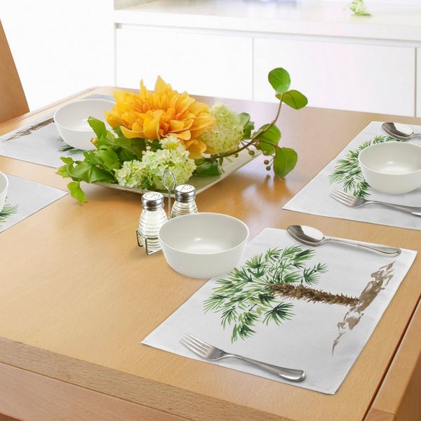 Abakuhaus Tovagliette Tropicali, Foglia Di Palma Hawaiana Esotica Disegnata A Mano Con Acquerello, Silhouette Tropicale Naturale, Tiscjdeco In Tessuto Resistente Al Colore Per La Sala Da Pranzo E La Cucina, Verde Marrone-image
