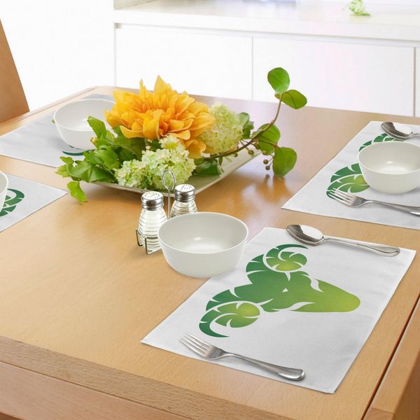 Abakuhaus Tovagliette Con Segno Zodiacale Ariete, Testa Di Ariete In Un'ombra Astratta Verde - Mitologia - Cosmo, Tiscjdeco In Tessuto Resistente Al Lavaggio Per La Sala Da Pranzo E La Cucina, Verde Chiaro, Verde Felce, Bianco-image