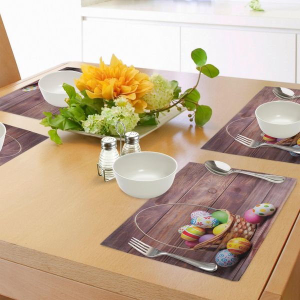 Abakuhaus Tovagliette Pasquali, Uova Colorate Con Fiori E Pois In Un Cestino Intrecciato Su Un Motivo Rustico In Legno, Tovagliette Decorative In Tessuto Resistente Al Lavaggio Per La Sala Da Pranzo E La Cucina, Multicolore-image