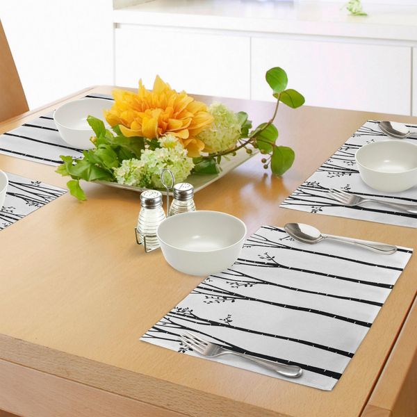 Abakuhaus Tovagliette Bianche E Nere, Sagome Monocromatiche Di Betulle Con Foglie Autunnali, Tiscjdeco In Tessuto Resistente Ai Colori Per La Sala Da Pranzo E La Cucina, Bianco Nero-image